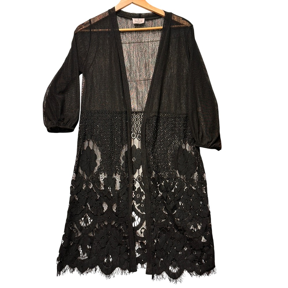 Ember Lace Trim Cardigan Womens Small Black Longline Sheer Open Front Whimsigoth